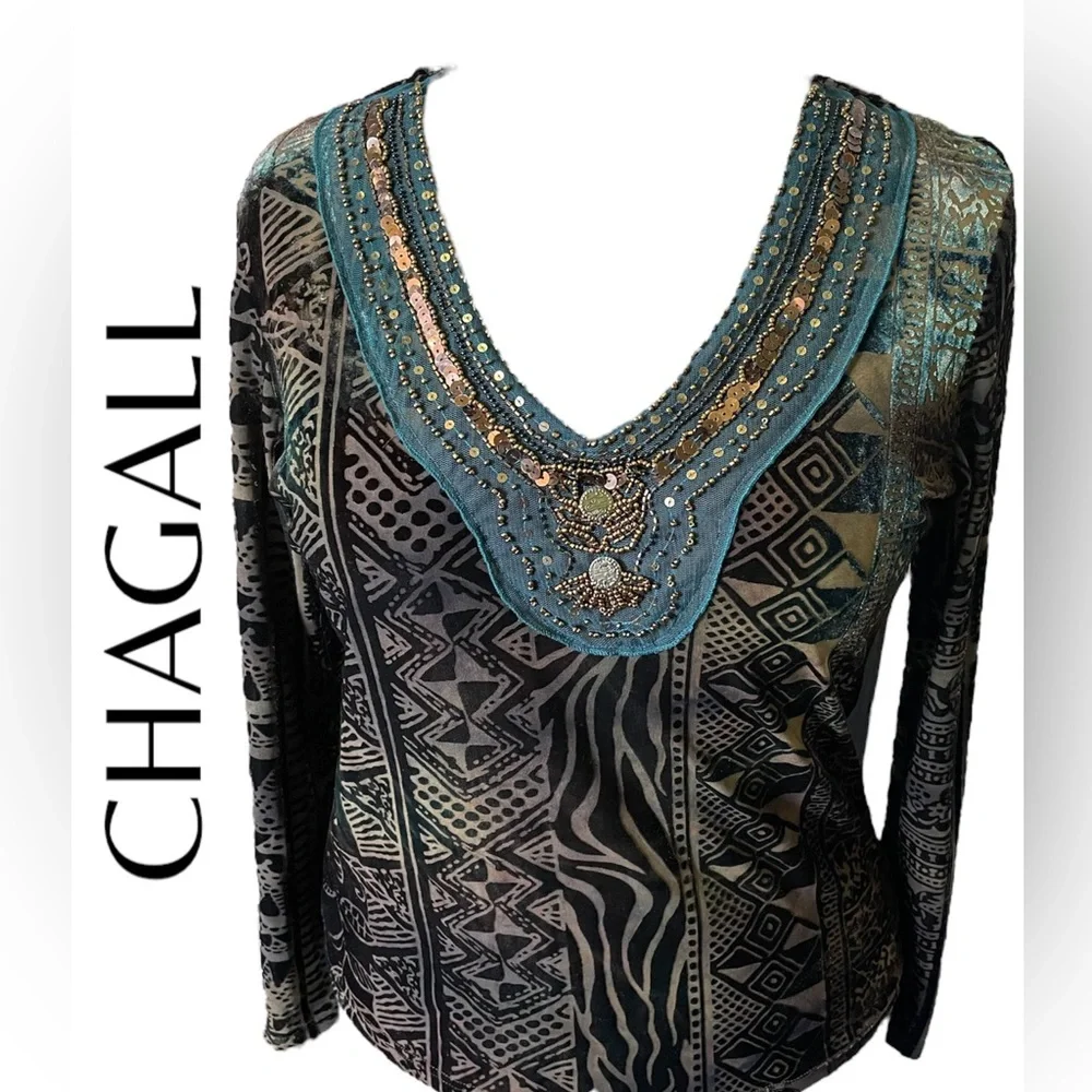 Vintage Unique Chagall Velvet Burnout Brown/Teal Top - Picture 1 of 10